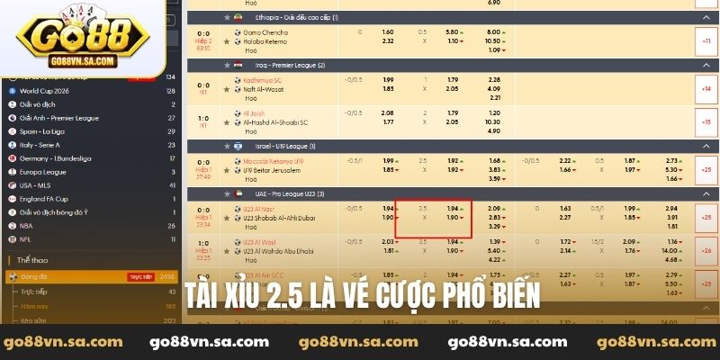 Tài xỉu 2.5 là vé cược phổ biến